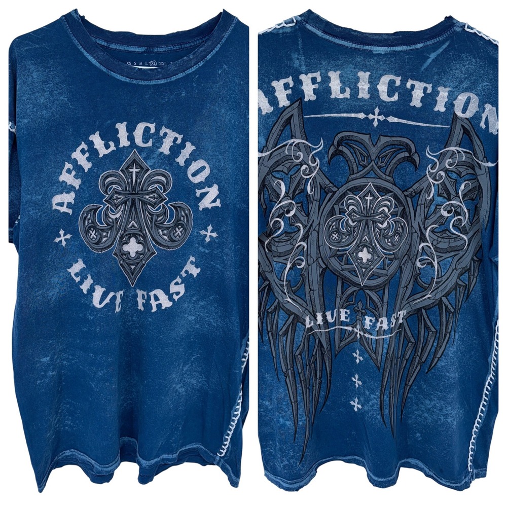 Y2K Blue Affliction Distressed Graphic T‎ Shirt XL Grunge Double Sided Live Fast